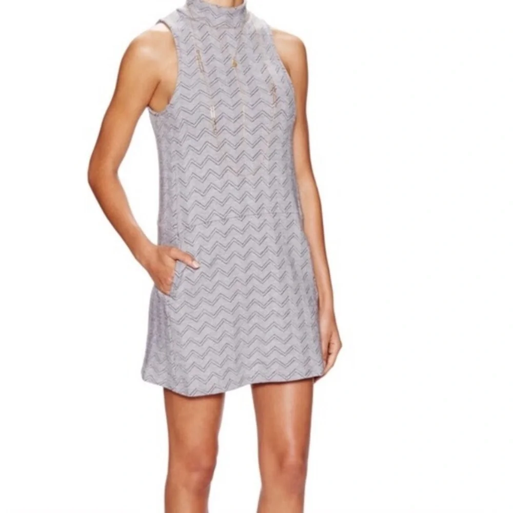 Free People Twiggy Herringbone Mock Neck Drop Waist Mini Dress Black